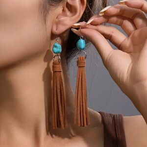 NEW Tassel Western Turquoise color stone dangle Earrings Boho Style - Boutique